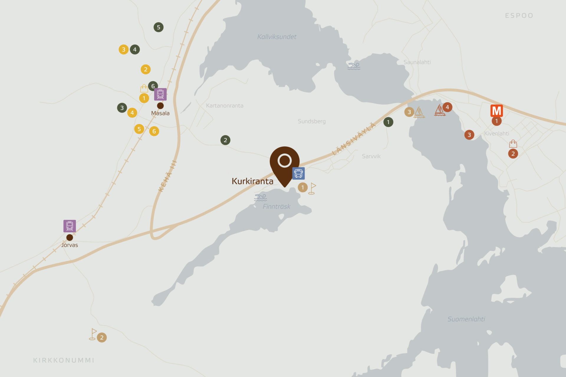 Piirretty kartta johon on merkattu Kurkirannan alue